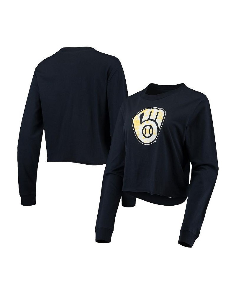 Women's Navy Milwaukee Brewers Baby Jersey Cropped Long Sleeve T-shirt Navy $23.75 Tops