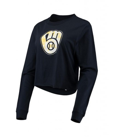 Women's Navy Milwaukee Brewers Baby Jersey Cropped Long Sleeve T-shirt Navy $23.75 Tops