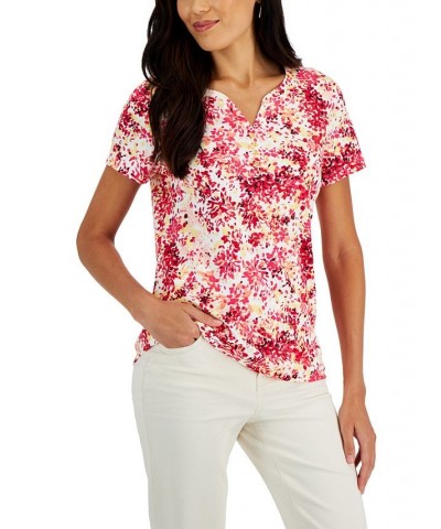 Women's Short-Sleeve Floral-Print Henley Top Red $9.87 Tops