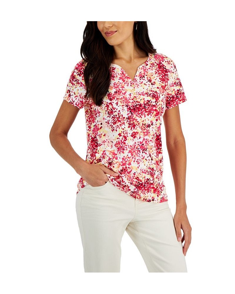 Women's Short-Sleeve Floral-Print Henley Top Red $9.87 Tops