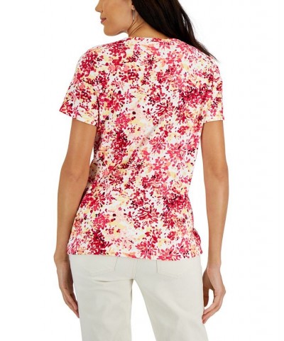 Women's Short-Sleeve Floral-Print Henley Top Red $9.87 Tops