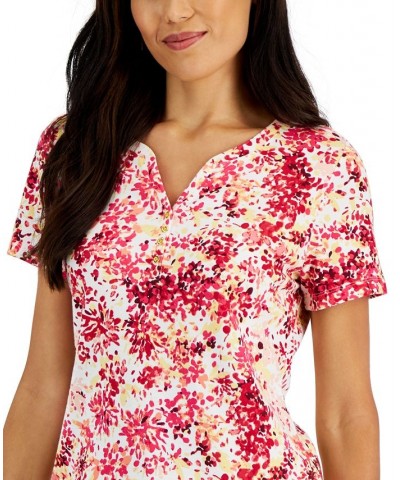 Women's Short-Sleeve Floral-Print Henley Top Red $9.87 Tops