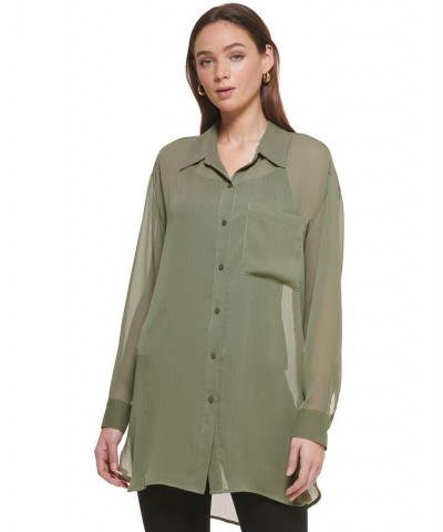 Women's Chiffon Button-Front Long-Sleeve Blouse Green $46.28 Tops