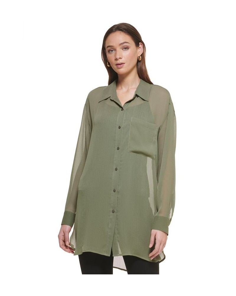 Women's Chiffon Button-Front Long-Sleeve Blouse Green $46.28 Tops