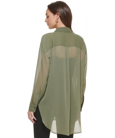 Women's Chiffon Button-Front Long-Sleeve Blouse Green $46.28 Tops