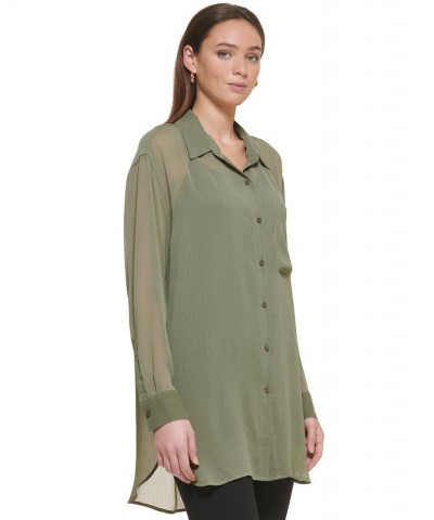 Women's Chiffon Button-Front Long-Sleeve Blouse Green $46.28 Tops