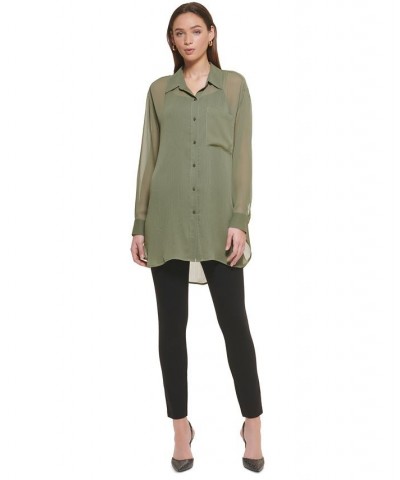 Women's Chiffon Button-Front Long-Sleeve Blouse Green $46.28 Tops