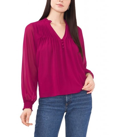 Women's Pleated Yoke Split Neck Top Purple $27.25 Tops