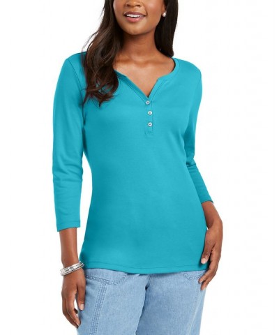 Petite 3/4-Sleeve Henley Shirt Aqua Oasis $10.82 Tops