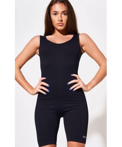 Women's Celara Recycled Rib Plunge Neck Playsuit - Black Black $26.00 Pants