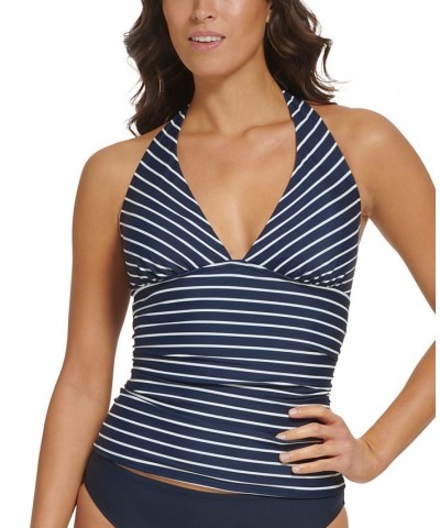 Women's Printed Halter Side-Shirred Tankini Top Sky Captain Sail Away Stripe $46.06 Swimsuits