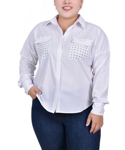 Plus Size Long Sleeve Hidden Placket Blouse with Studs White $11.97 Tops