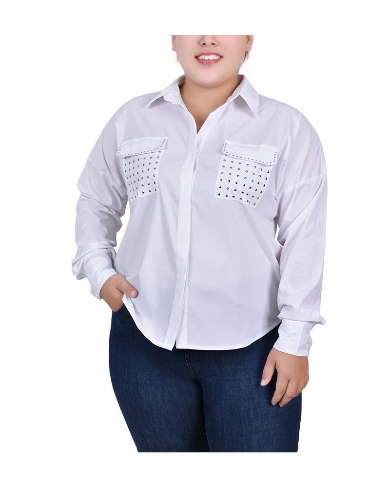 Plus Size Long Sleeve Hidden Placket Blouse with Studs White $11.97 Tops