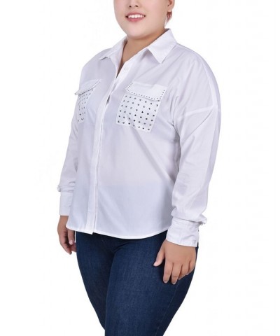 Plus Size Long Sleeve Hidden Placket Blouse with Studs White $11.97 Tops