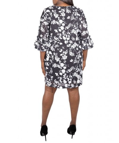 Plus Size Swiss Dot Floral Print Ruffle Sleeve Dress Black $39.99 Dresses