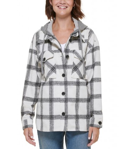 Women's Plaid Hooded Shirt Jacket White $43.22 Jackets