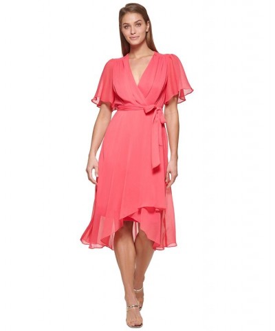 Petite Flutter-Sleeve Faux-Wrap Midi Dress Punch $58.38 Dresses