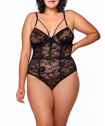 Plus Size Gabriel Embroidered Lace and Mesh Bodysuit Black $38.69 Lingerie