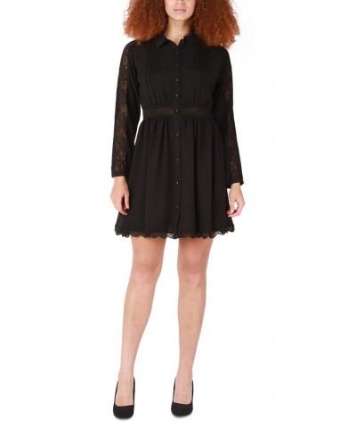 Women's Lace-Detail Jacquard Shirtdress Black $41.83 Dresses