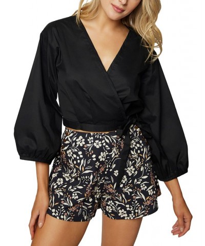 Women's Before Dawn Puff-Sleeve Tie-Waist Top Black $29.52 Tops