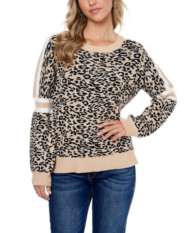 Women's Jacquard Balloon Sleeve with Stripe Sweater Beige Printed Leopard $39.00 Sweaters