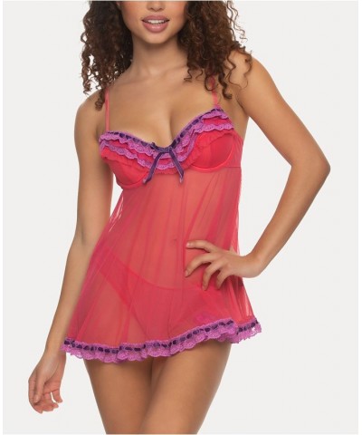 Women's Ruffles Galore Babydoll 2 Piece Lingerie Set Red $29.90 Sleepwear