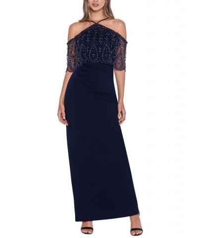 Beaded Cold-Shoulder Gown Navy Gunmetal $92.48 Dresses