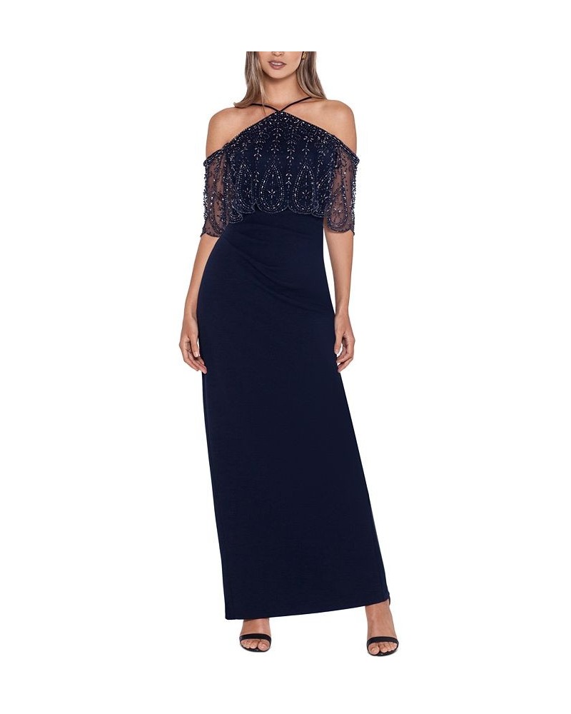 Beaded Cold-Shoulder Gown Navy Gunmetal $92.48 Dresses