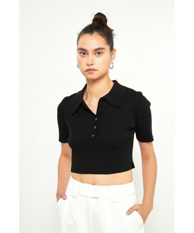 Women's Ribbed Polo Knit Top with Side slit Black $49.50 Tops