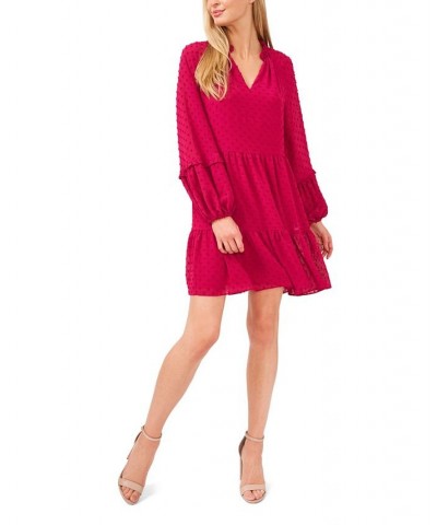 Women's Long Sleeve V-Neck Ruffled Clip-Dot Dress Plumeria $38.15 Dresses