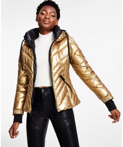 Women's Metallic Quilted Hooded Puffer Coat Gold $54.40 Coats