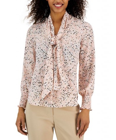 Women's Abstract-Print Tie-Neck Smocked-Cuff Blouse Cherry Blossom Multi $31.26 Tops