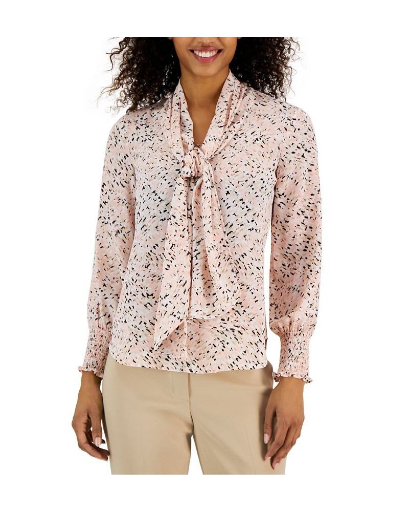 Women's Abstract-Print Tie-Neck Smocked-Cuff Blouse Cherry Blossom Multi $31.26 Tops