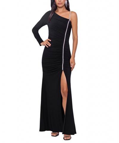 Women's Rhinestone-Trim One-Shoulder Gown Black Silver $58.05 Dresses