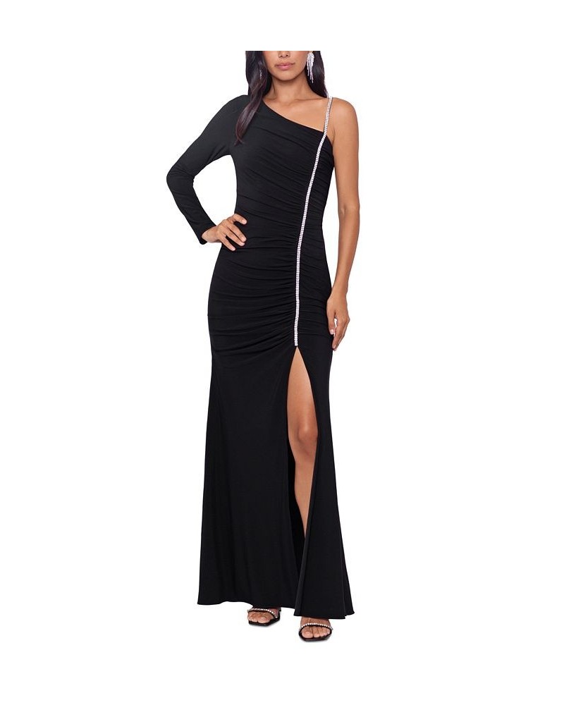 Women's Rhinestone-Trim One-Shoulder Gown Black Silver $58.05 Dresses