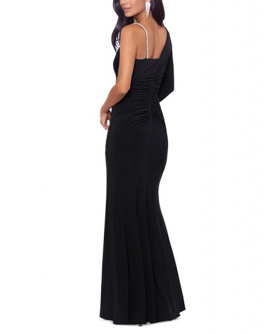 Women's Rhinestone-Trim One-Shoulder Gown Black Silver $58.05 Dresses