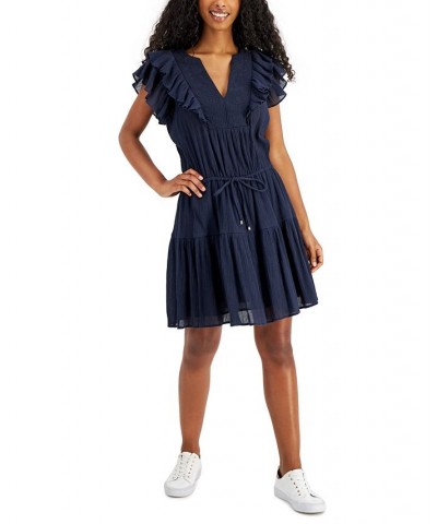 Women's Cotton Embroidered Tiered Dress Blue $23.23 Dresses