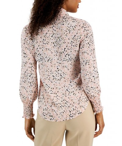 Women's Abstract-Print Tie-Neck Smocked-Cuff Blouse Cherry Blossom Multi $31.26 Tops