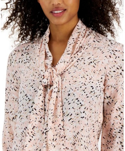 Women's Abstract-Print Tie-Neck Smocked-Cuff Blouse Cherry Blossom Multi $31.26 Tops