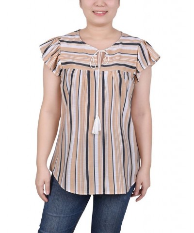 Petite Size Drawstring Neck Top Tan Stripe $17.98 Tops