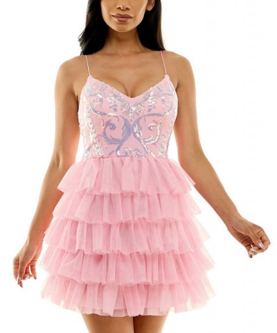 Juniors' Sequined V-Neck Tiered-Skirt Fit & Flare Dress Brght Pink $42.57 Dresses