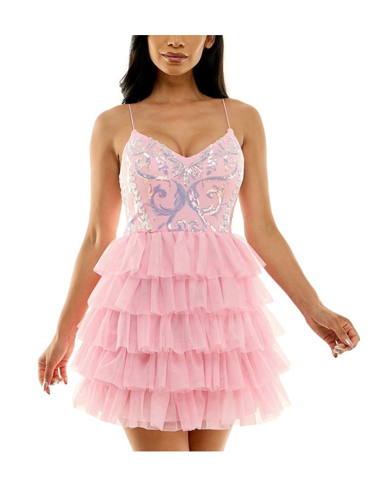 Juniors' Sequined V-Neck Tiered-Skirt Fit & Flare Dress Brght Pink $42.57 Dresses