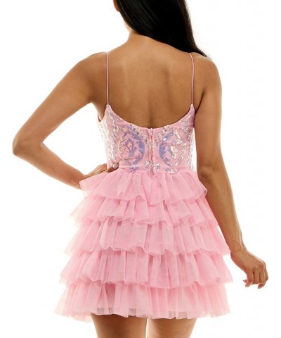 Juniors' Sequined V-Neck Tiered-Skirt Fit & Flare Dress Brght Pink $42.57 Dresses