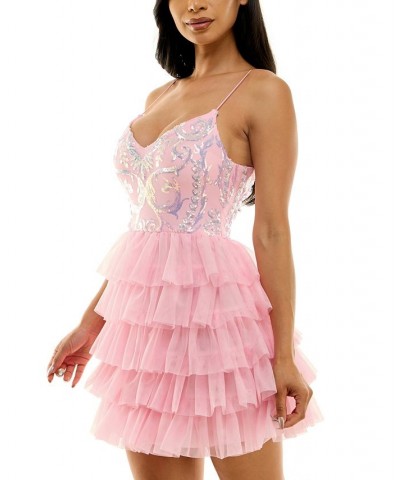 Juniors' Sequined V-Neck Tiered-Skirt Fit & Flare Dress Brght Pink $42.57 Dresses