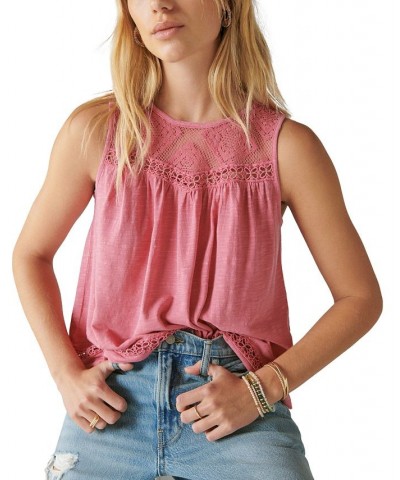 Women's Lace Trim Tank Top Pink $33.39 Tops