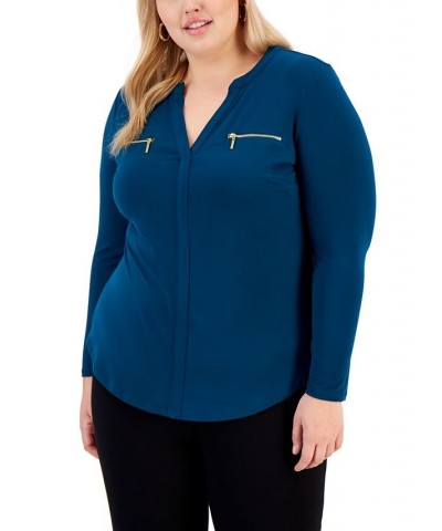 Plus Size Zip-Pocket Top Teal Kingfisher $21.92 Tops