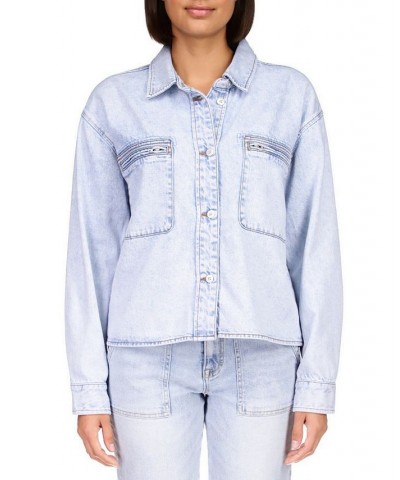 Women's Cropped Cargo Button-Down Denim Jacket Holy Grail $39.38 Jackets