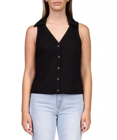 Women's Point Collar Button-Front Sleeveless Top Black $33.92 Tops