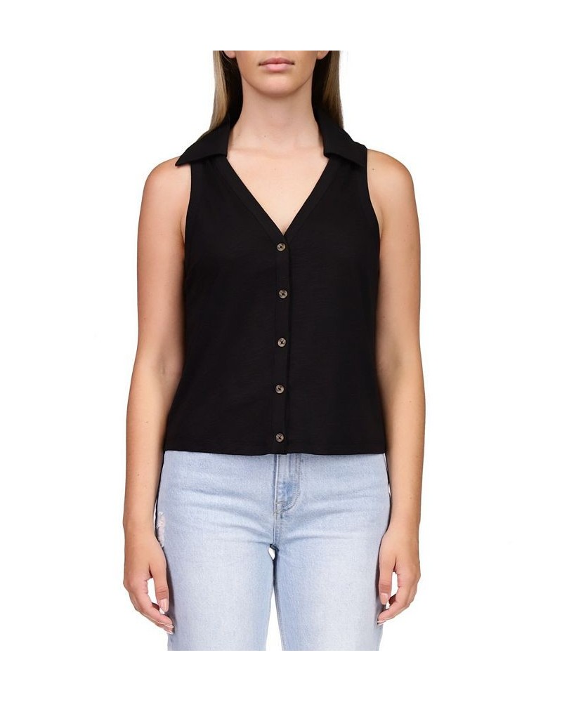 Women's Point Collar Button-Front Sleeveless Top Black $33.92 Tops