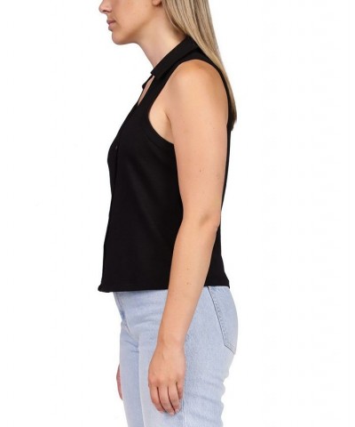 Women's Point Collar Button-Front Sleeveless Top Black $33.92 Tops